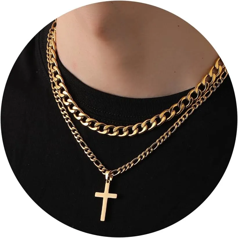 WEDDINEN Cross Necklace for Men Boys, Stainless Steel Layered Cross Pendant Cuban/Figaro Chains Christmas Jewelry Gifts