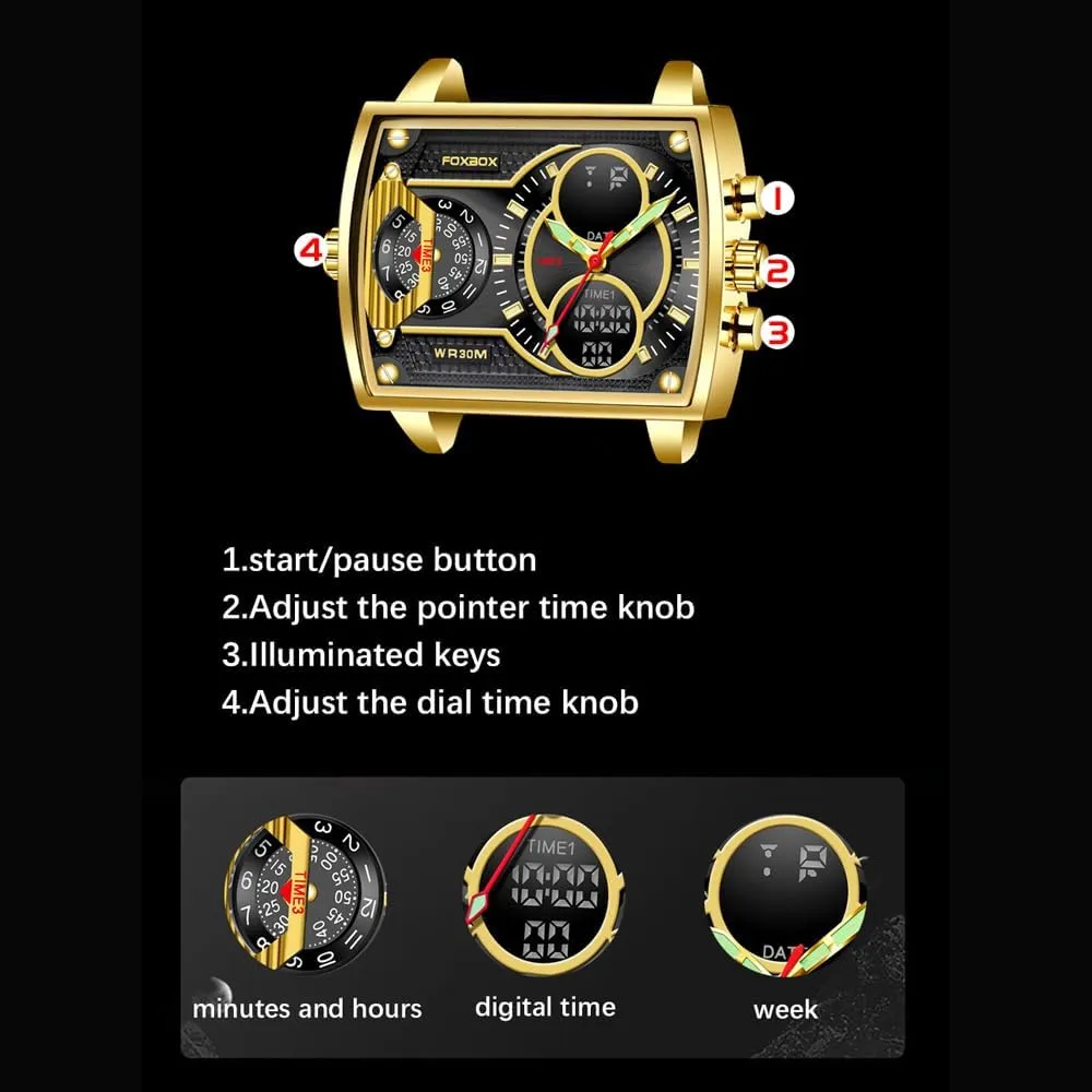 Weicam Luxury Men Boy Square Dial Digital Watch Luminous Waterproof Analog Quartz Wrist Watch Dual Display Business Watch