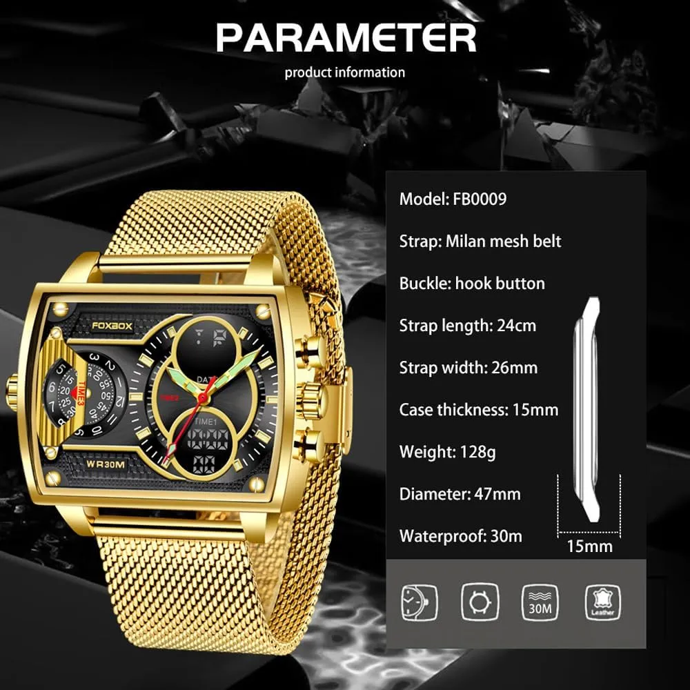 Weicam Luxury Men Boy Square Dial Digital Watch Luminous Waterproof Analog Quartz Wrist Watch Dual Display Business Watch