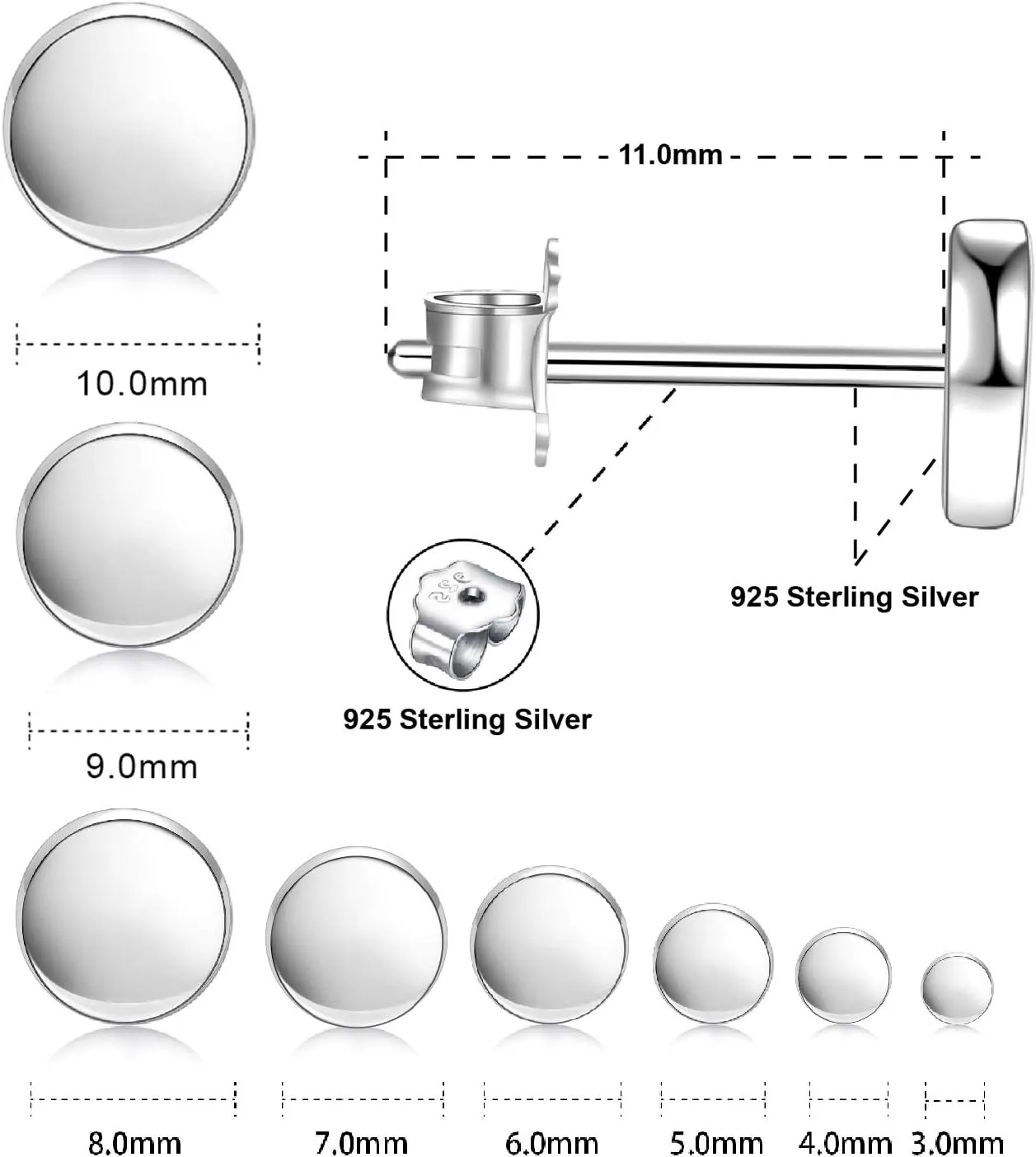 White Gold Plated Sterling Silver Dot Stud Earrings 3mm-10mm Options, Flat Round Disc Studs Hypoallergenic Jewelry