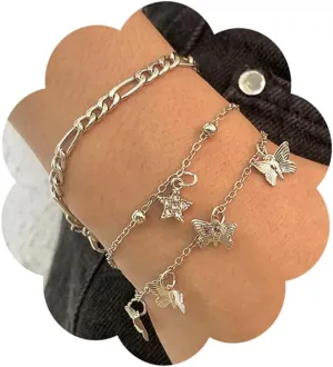 Wiwpar Boho Layered Link Bracelet for Women Silver Butterfly Star Bracelet Set Beach Accessories