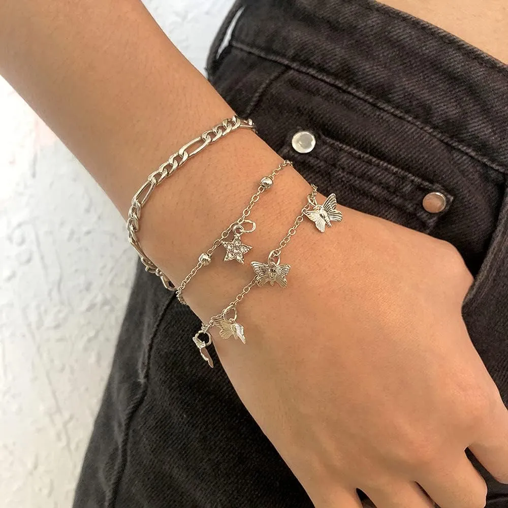 Wiwpar Boho Layered Link Bracelet for Women Silver Butterfly Star Bracelet Set Beach Accessories