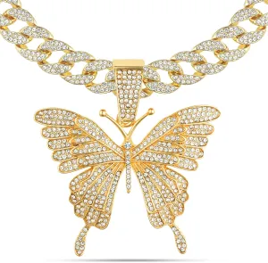 Women 14K Gold Silver Plated Pink Butterfly Pendant with Iced Bling Out 5A  Cubic Zirconia, Layered Cuban Link Necklace, 16 Inch Choker Lab Diamond Jewelry Gift