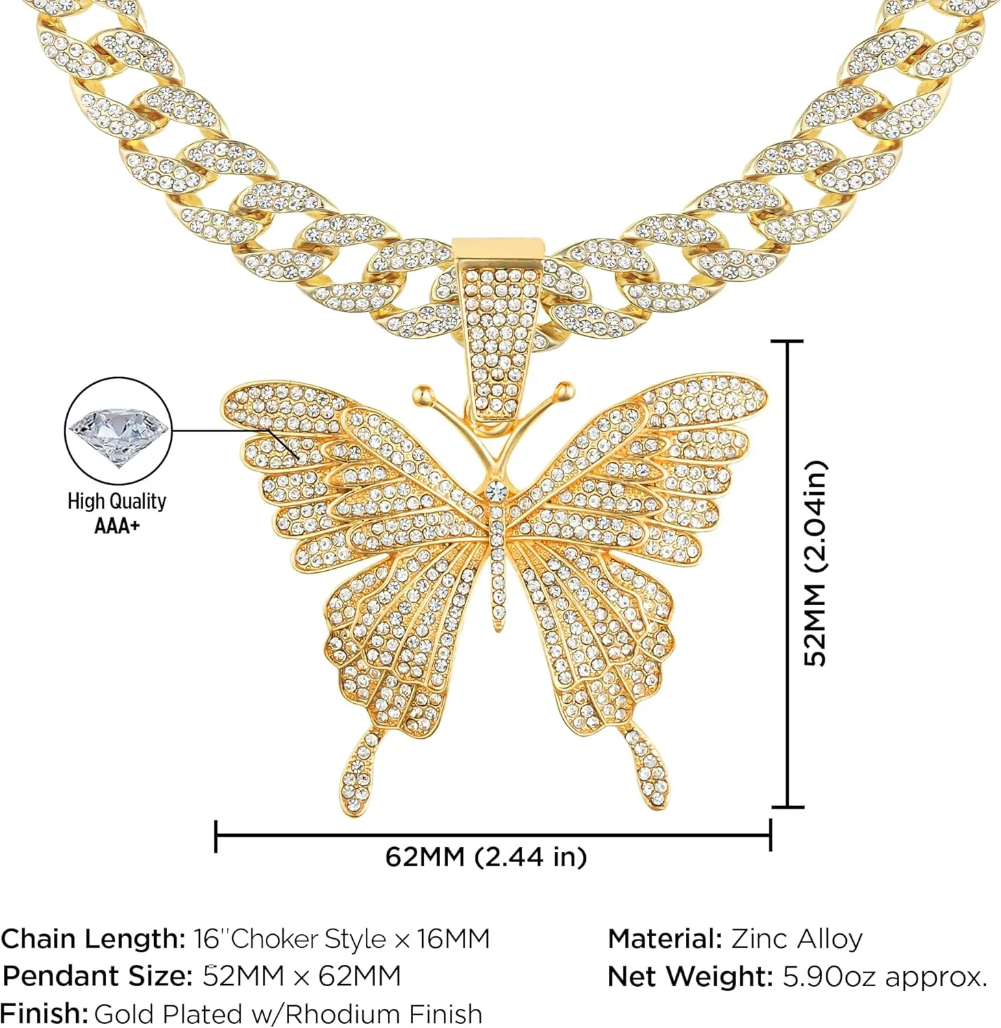 Women 14K Gold Silver Plated Pink Butterfly Pendant with Iced Bling Out 5A  Cubic Zirconia, Layered Cuban Link Necklace, 16 Inch Choker Lab Diamond Jewelry Gift