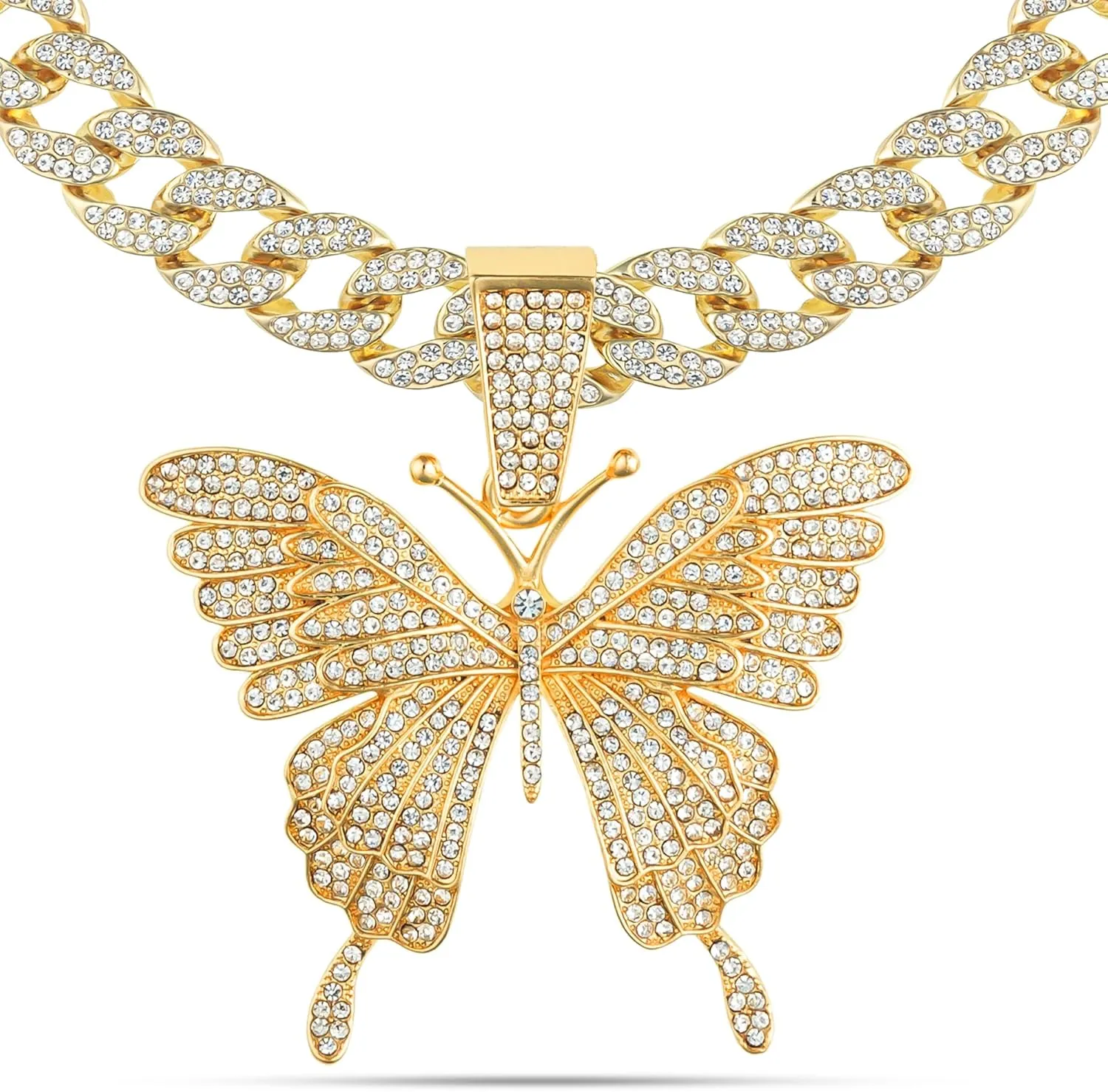 Women 14K Gold Silver Plated Pink Butterfly Pendant with Iced Bling Out 5A  Cubic Zirconia, Layered Cuban Link Necklace, 16 Inch Choker Lab Diamond Jewelry Gift