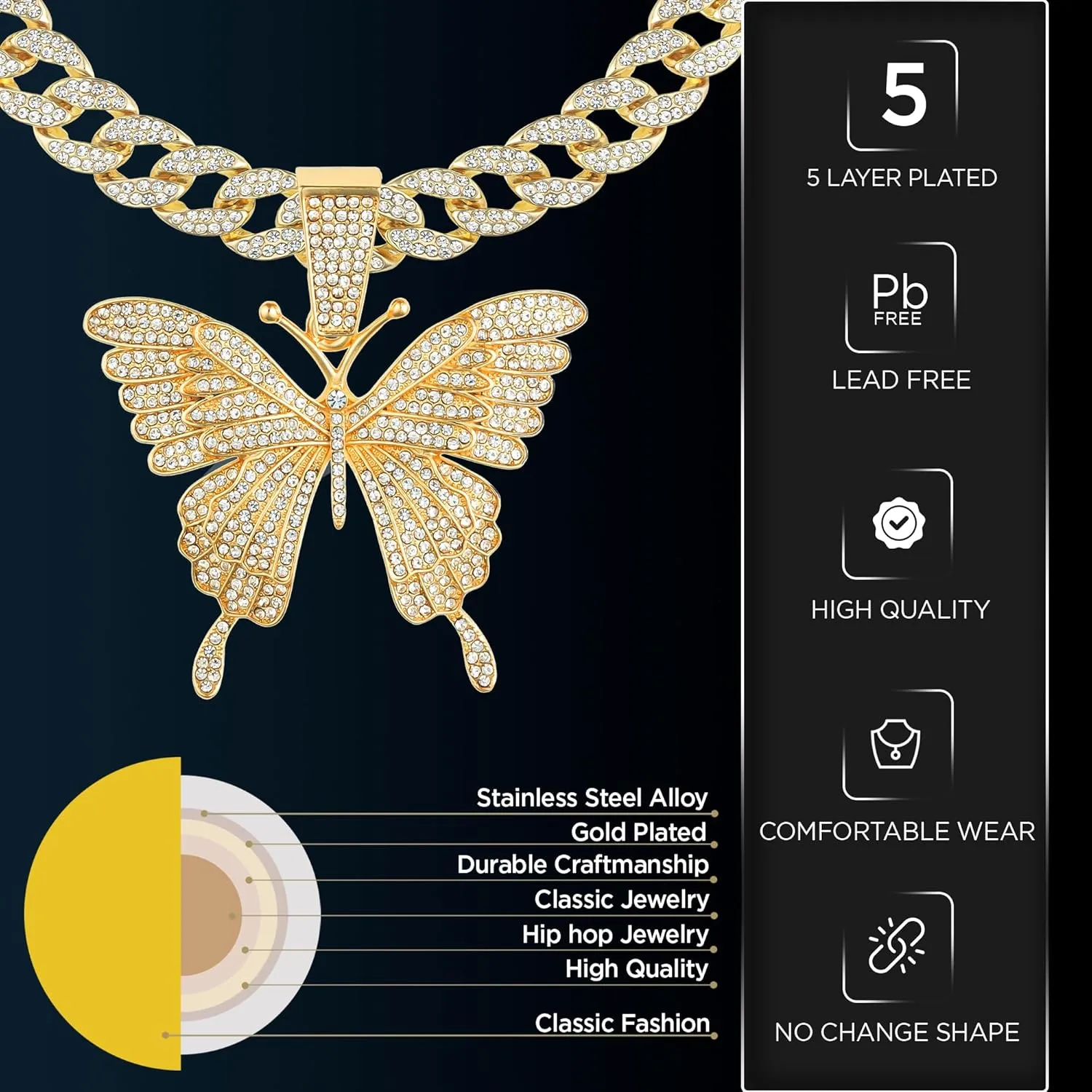 Women 14K Gold Silver Plated Pink Butterfly Pendant with Iced Bling Out 5A  Cubic Zirconia, Layered Cuban Link Necklace, 16 Inch Choker Lab Diamond Jewelry Gift