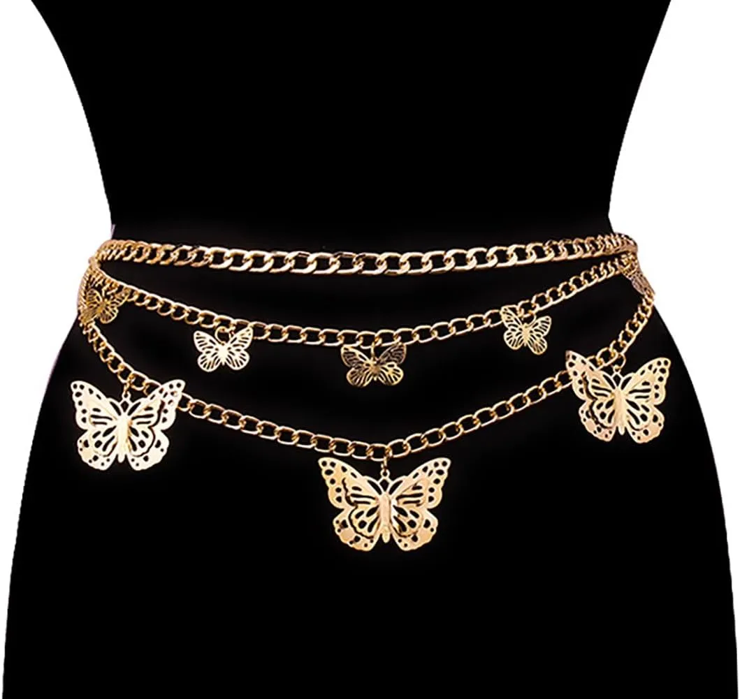 Women Body Chains Retro Multi-Layer Butterfly Waist Chain Trend Hollowed out Pendant Decorative