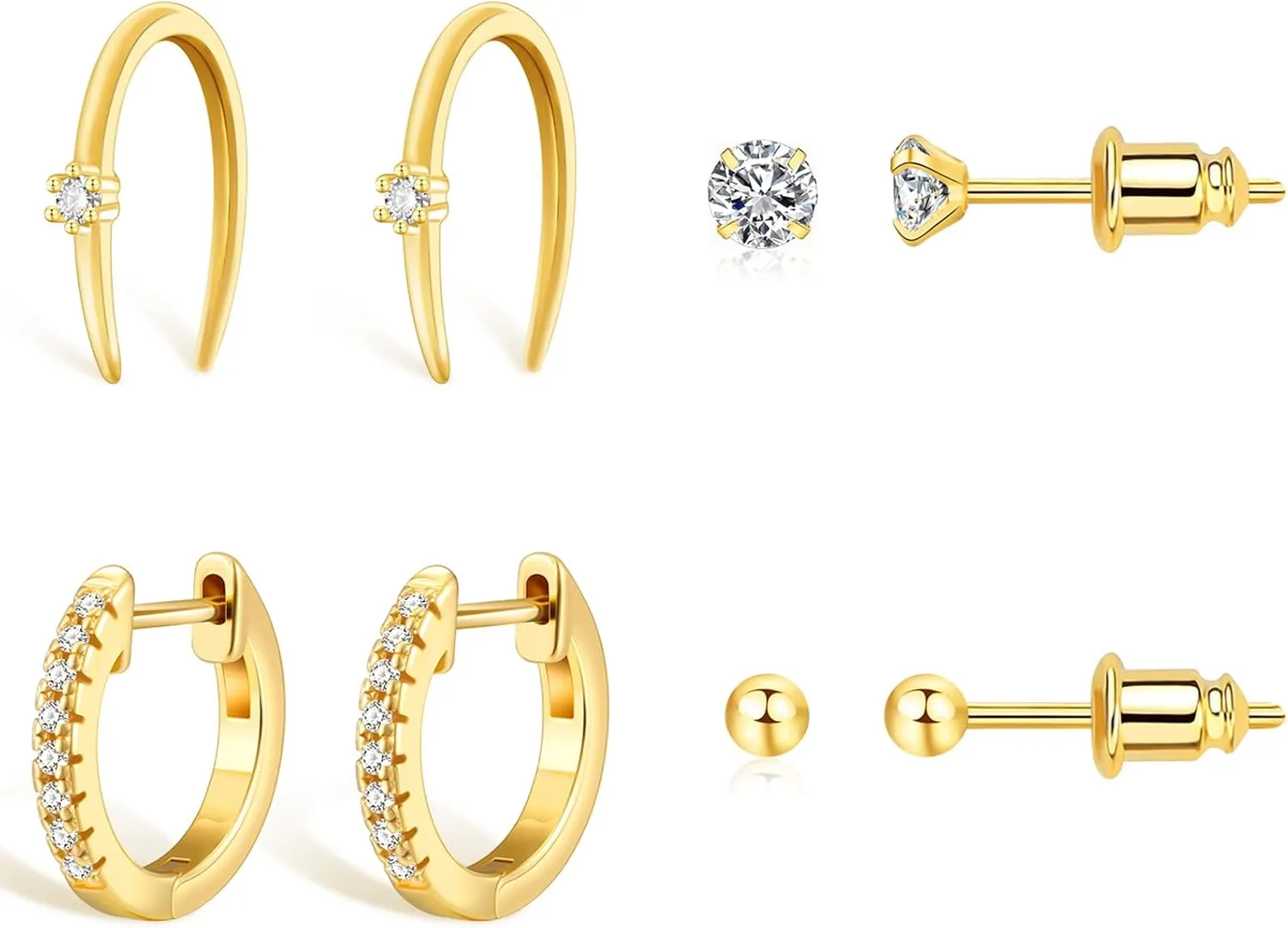 Women Gold Hoop Earrings Cartilage Small Huggie Hoop Ball Stud Earrings Set Tiny Horseshoe Earrings Hypoallergenic Lightweight Piercing