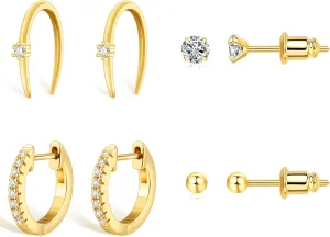 Women Gold Hoop Earrings Cartilage Small Huggie Hoop Ball Stud Earrings Set Tiny Horseshoe Earrings Hypoallergenic Lightweight Piercing