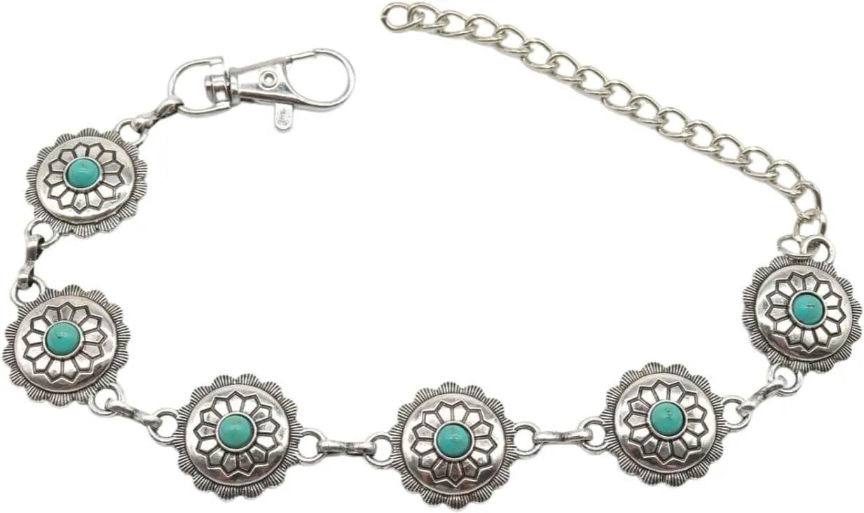 Women Western Fashion Bling Anklet Boot Bracelet Silver Metal Shoe Turquoise Blue Bead Flower Charm