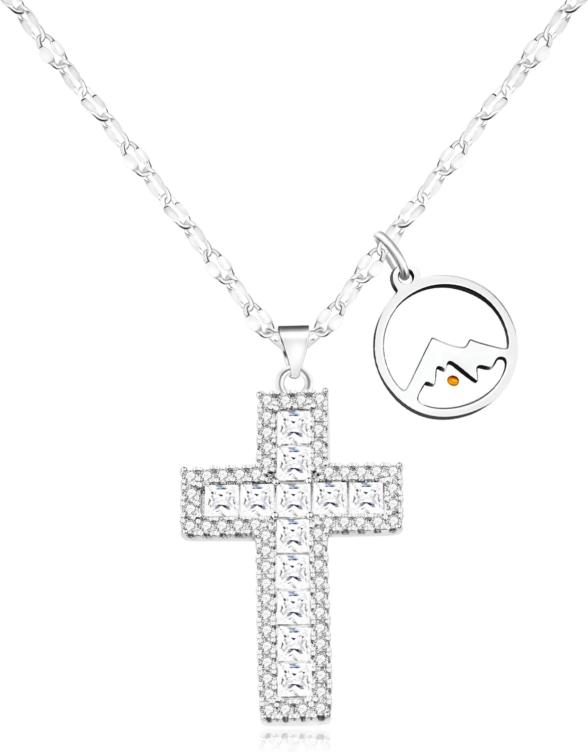 Women's Cross Necklace | Brass Pendant Inlaid with Dazzling Cubic Zirconia | Mustard Seed Charm | 40cm   6cm Adjustable Chain for Christian Faith Jewelry YA4783