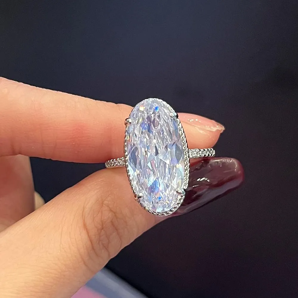 Women's Extra Big Oval Wedding Ring Cubic Zirconia Imitation Diamond Moissanite Promise Rings for Women Anniversary Statement Plated 925 Sterling Silver Solitaire Cocktail Fake Engagement Ring size 10