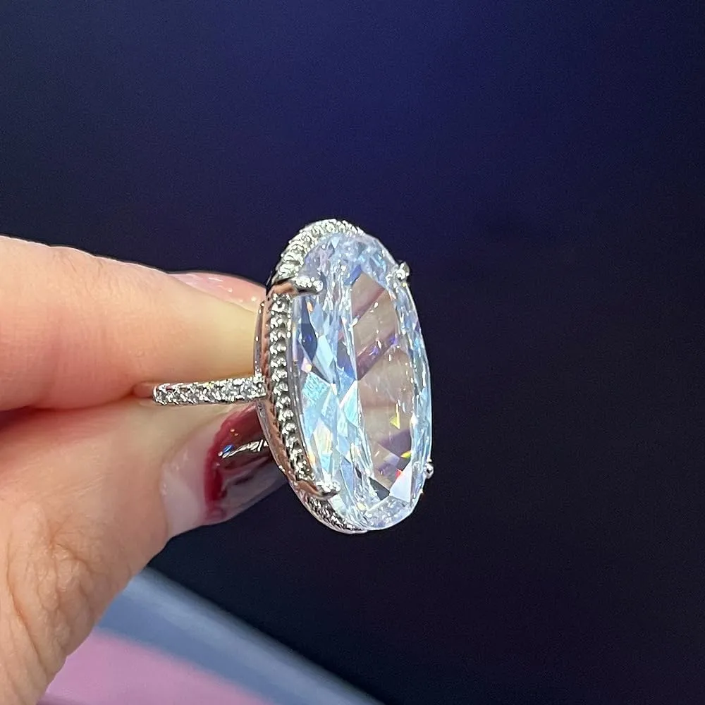 Women's Extra Big Oval Wedding Ring Cubic Zirconia Imitation Diamond Moissanite Promise Rings for Women Anniversary Statement Plated 925 Sterling Silver Solitaire Cocktail Fake Engagement Ring size 10