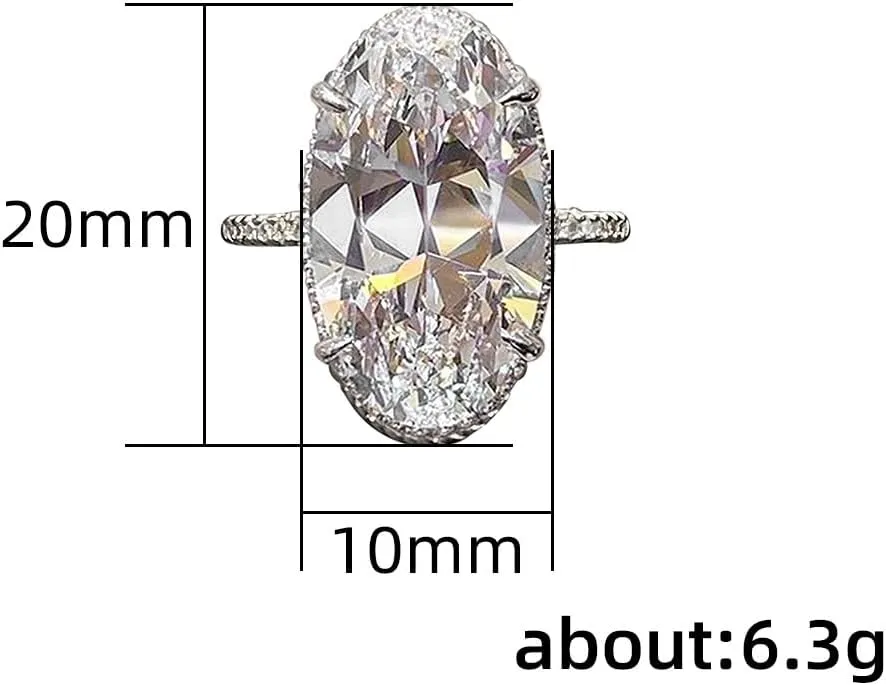 Women's Extra Big Oval Wedding Ring Cubic Zirconia Imitation Diamond Moissanite Promise Rings for Women Anniversary Statement Plated 925 Sterling Silver Solitaire Cocktail Fake Engagement Ring size 10