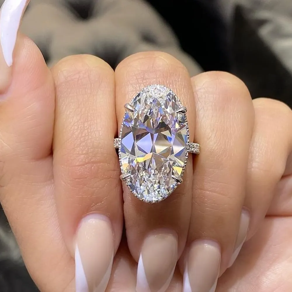 Women's Extra Big Oval Wedding Ring Cubic Zirconia Imitation Diamond Moissanite Promise Rings for Women Anniversary Statement Plated 925 Sterling Silver Solitaire Cocktail Fake Engagement Ring size 10
