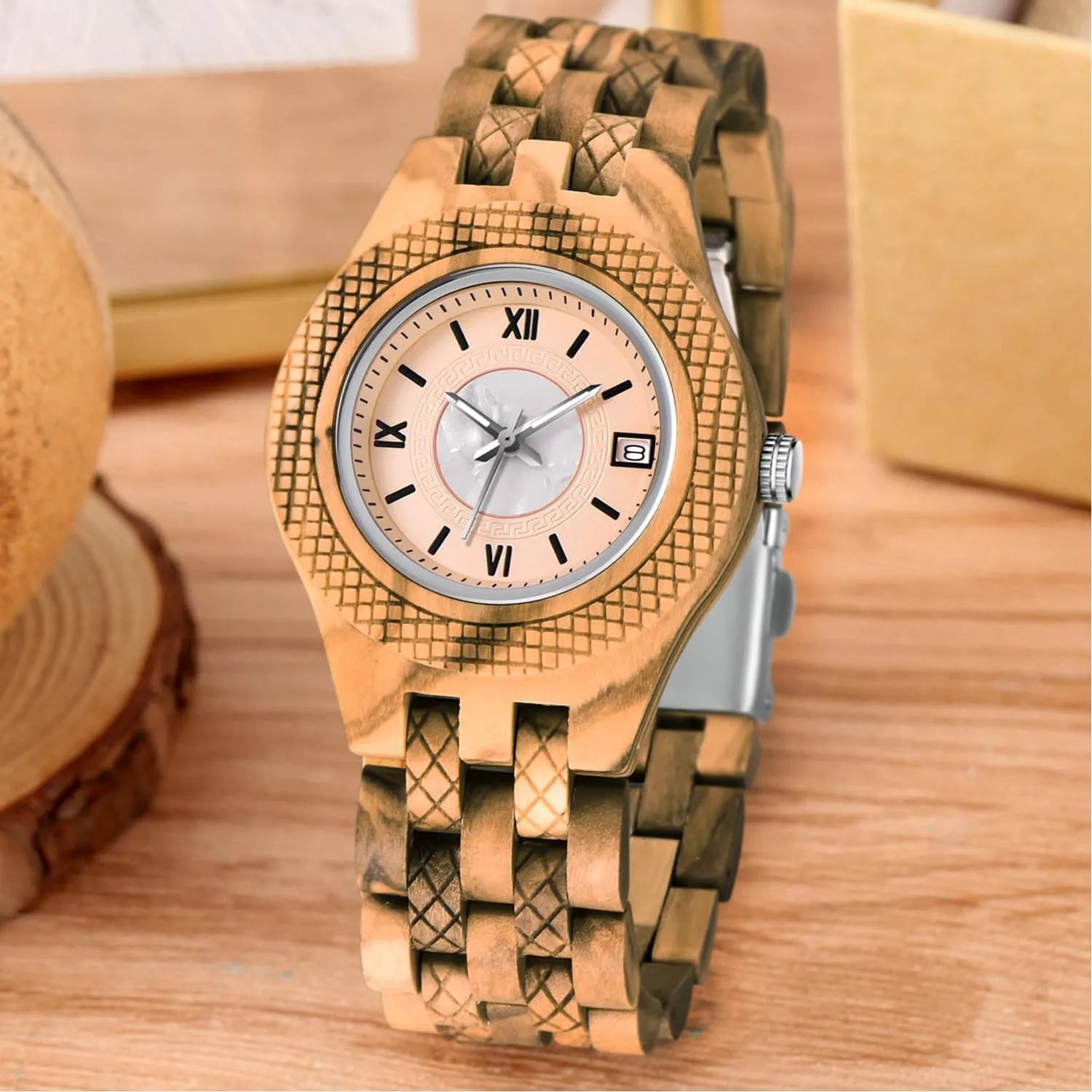 Wood Watch Women, All-Wood Watch Band Analog Quartz Movement Watch,Foldover Clasp Wood Strap Wooden Watches for Women
