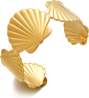 WOWORAMA Chunky Gold Shell Cuff Bracelets for Women Wide Hammered Starfish Bracelet Gold Coral Reef Bracelet Boho Summer Beach Statement Bracelet
