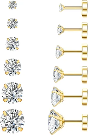 WSSXC 20G Hypoallergenic Flat Back Earrings for Women Men Silver 14K Gold Stainless Steel Stud Earrings Brithstone Cubic Zirconia Studs Surgical Steel Cartilage Earrings for Sensitive Ears