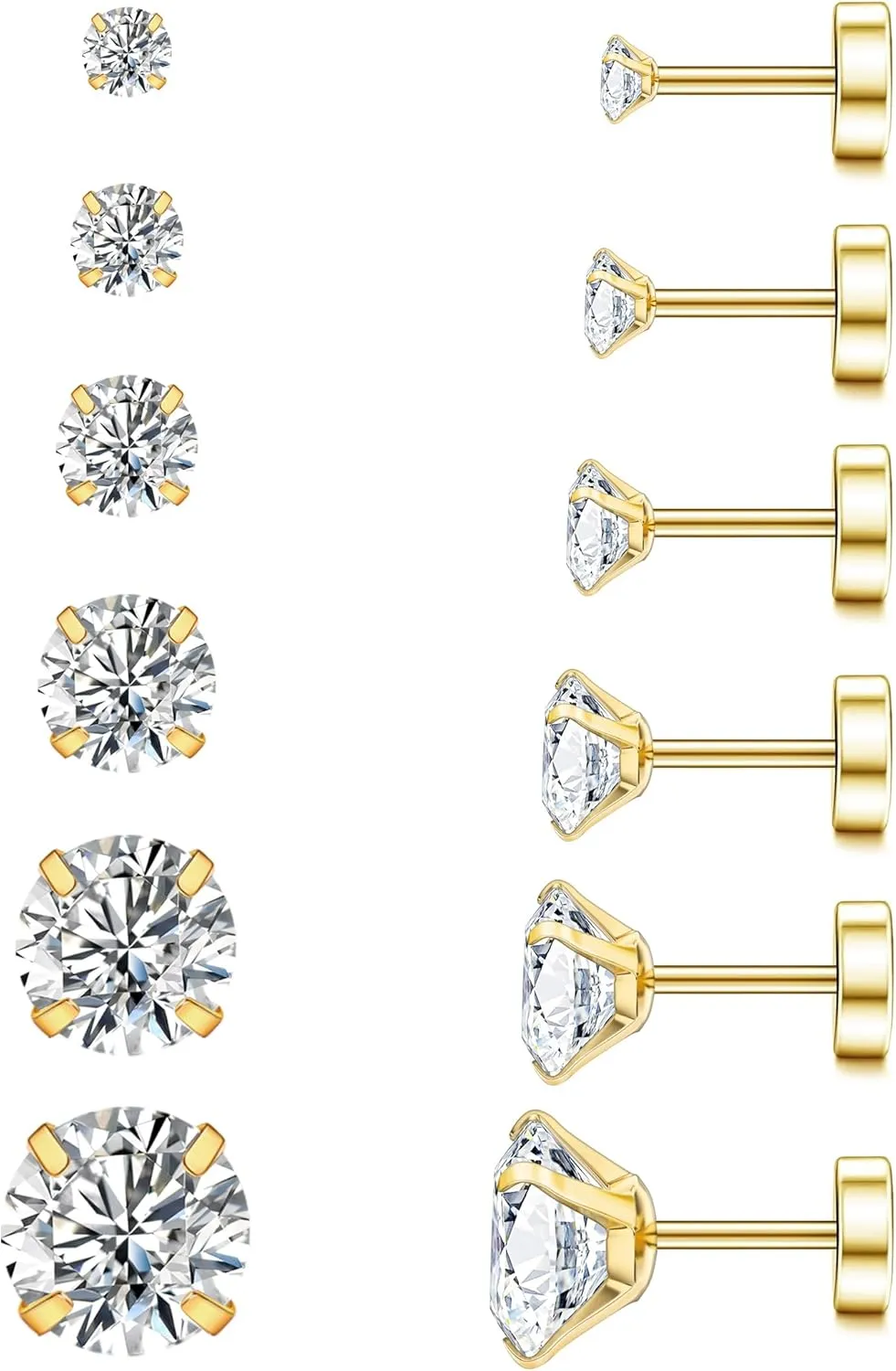 WSSXC 20G Hypoallergenic Flat Back Earrings for Women Men Silver 14K Gold Stainless Steel Stud Earrings Brithstone Cubic Zirconia Studs Surgical Steel Cartilage Earrings for Sensitive Ears