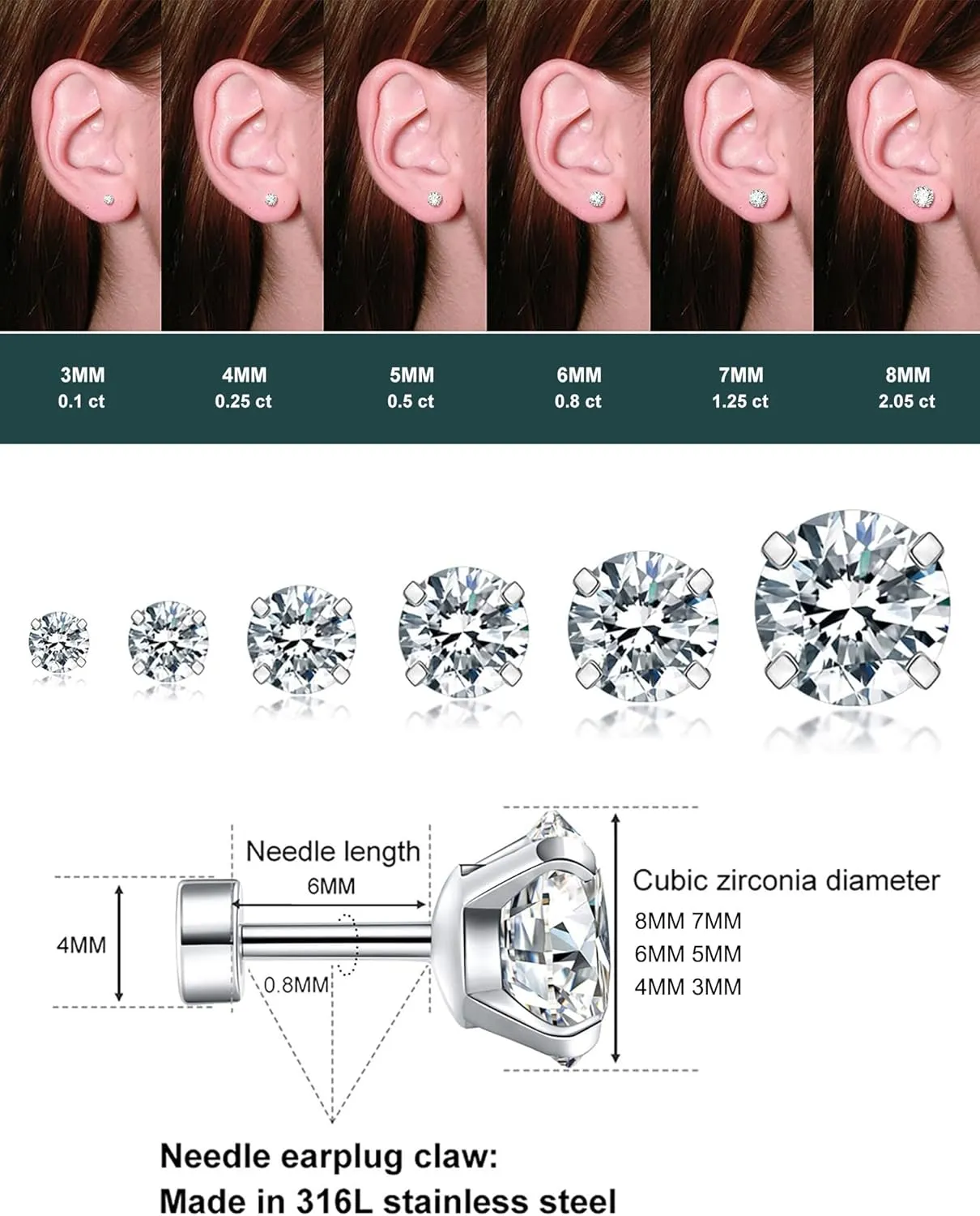 Wssxc 6 Pairs Hypoallergenic Cubic Zirconia Earrings Surgical Steel Flat Back Studs for Cartilage, Screw Back Fashion Jewelry