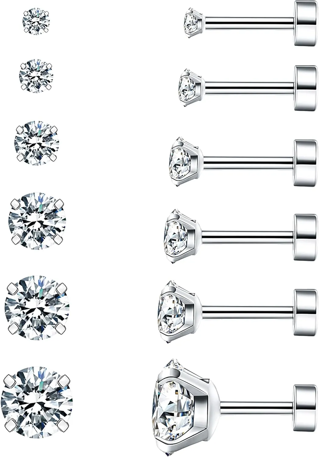 Wssxc 6 Pairs Hypoallergenic Cubic Zirconia Earrings Surgical Steel Flat Back Studs for Cartilage, Screw Back Fashion Jewelry