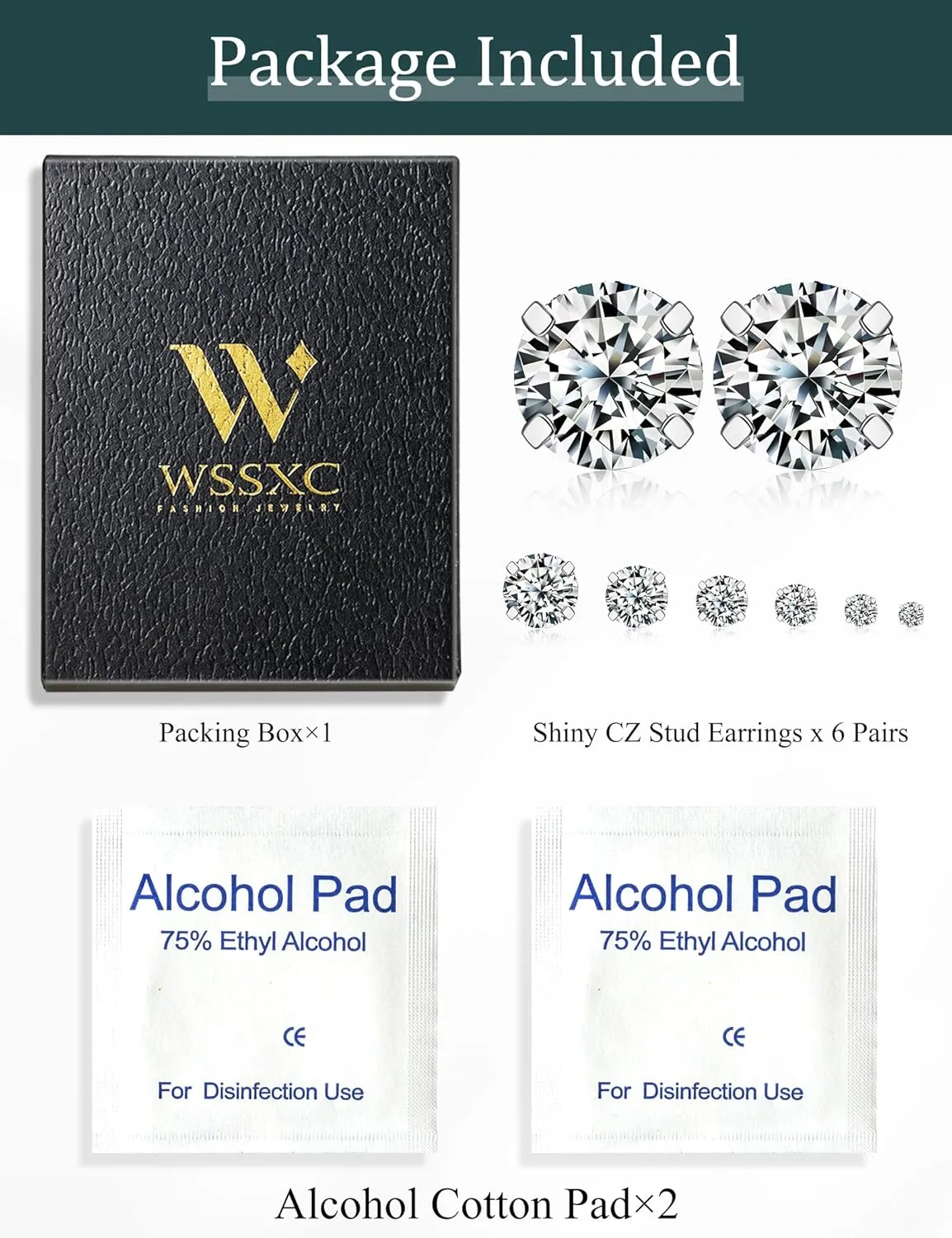 Wssxc 6 Pairs Hypoallergenic Cubic Zirconia Earrings Surgical Steel Flat Back Studs for Cartilage, Screw Back Fashion Jewelry