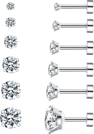 Wssxc 6 Pairs Hypoallergenic Cubic Zirconia Earrings Surgical Steel Flat Back Studs for Cartilage, Screw Back Fashion Jewelry