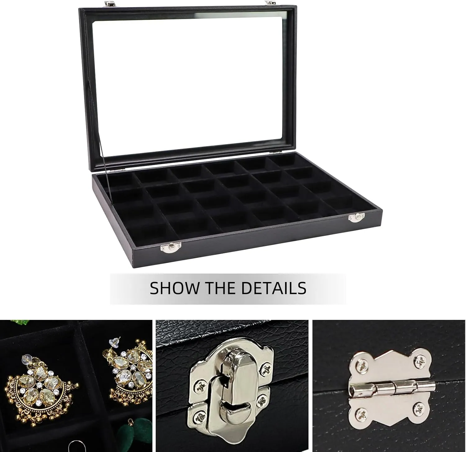 Wudygirl Jewelry Organizer Clear Lid 24 Grid Jewelry Box Case Organizer Showcase Display Jewelry Tray Removable Black Velvet Locked