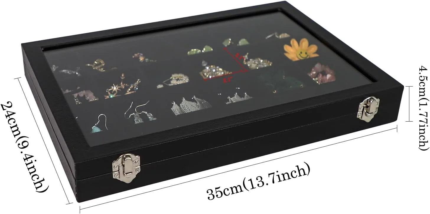 Wudygirl Jewelry Organizer Clear Lid 24 Grid Jewelry Box Case Organizer Showcase Display Jewelry Tray Removable Black Velvet Locked