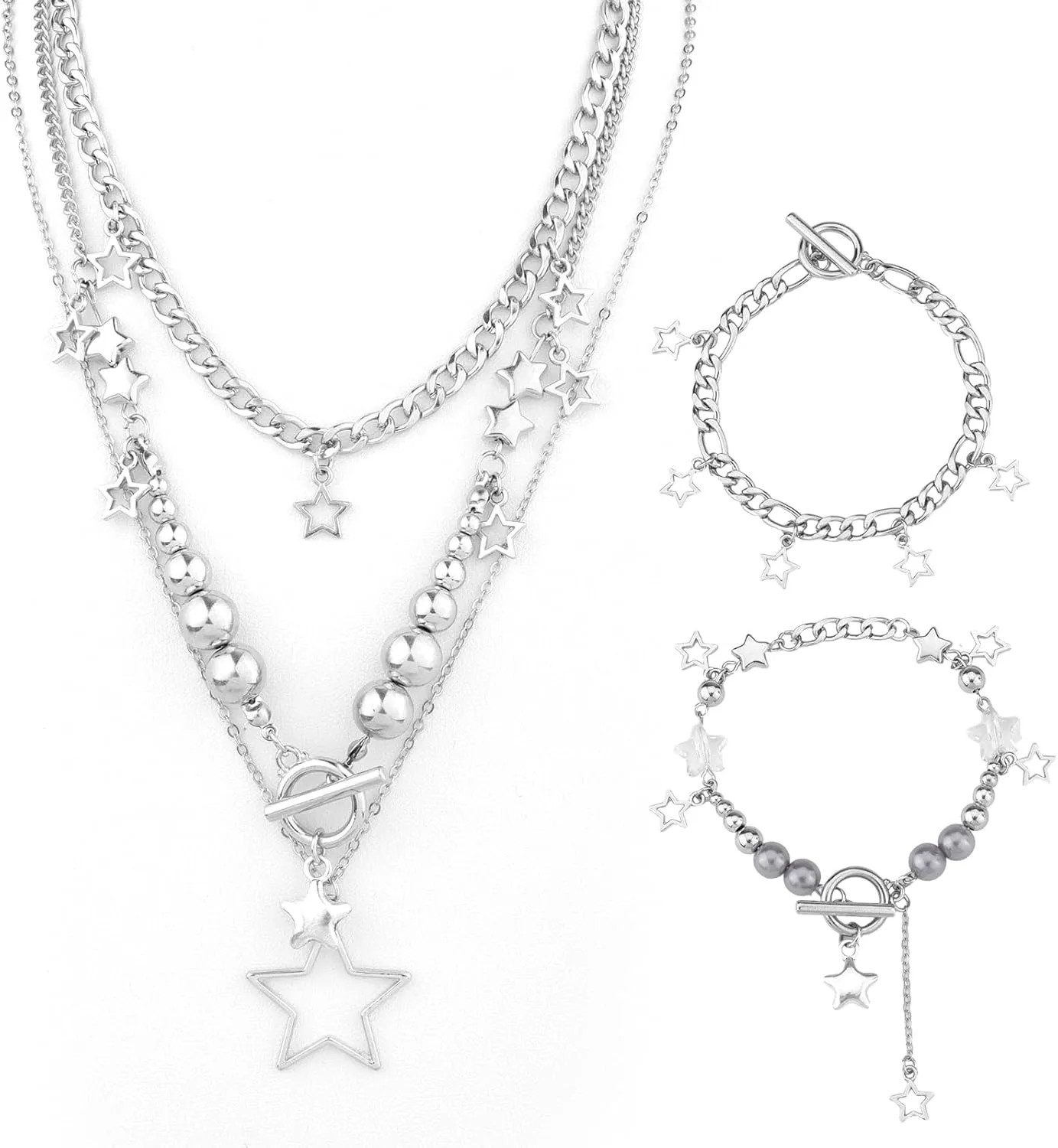 Y2k Star Necklace with 2pcs Bracelets, Silver Star Y2k Grunge Necklace Aesthetic Emo Vintage Jewelry Cute Necklace Y2k Grunge Accessories for Women Girls