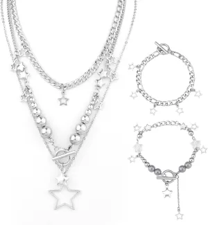 Y2k Star Necklace with 2pcs Bracelets, Silver Star Y2k Grunge Necklace Aesthetic Emo Vintage Jewelry Cute Necklace Y2k Grunge Accessories for Women Girls