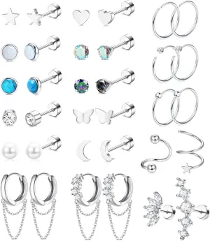 YADOCA 17Pairs Surgical Steel Flat Back Earrings For Women Men Hypoallergenic Cartilage Earrings Stud Hoop Small Tiny Screw Back Flatback Earrings Set Helix Tragus Daith Piercing Jewelry 20G Silver Tone