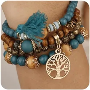YERTTER Bohemian 4pcs Layered Beaded Stretch Stackable Bracelet Multi-Color Tree of Life Pendant Tassel Bracelet Vintage Strand Bracelet Set for Women Girls