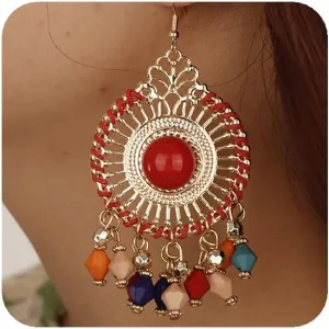 YERTTER Bohemian Gold Circle Rice Beads Tassel Dangle Earrings Hollow Vintage Hoop Earring Vintage Hook Earrings Ethnic Style Accessories Party for Women
