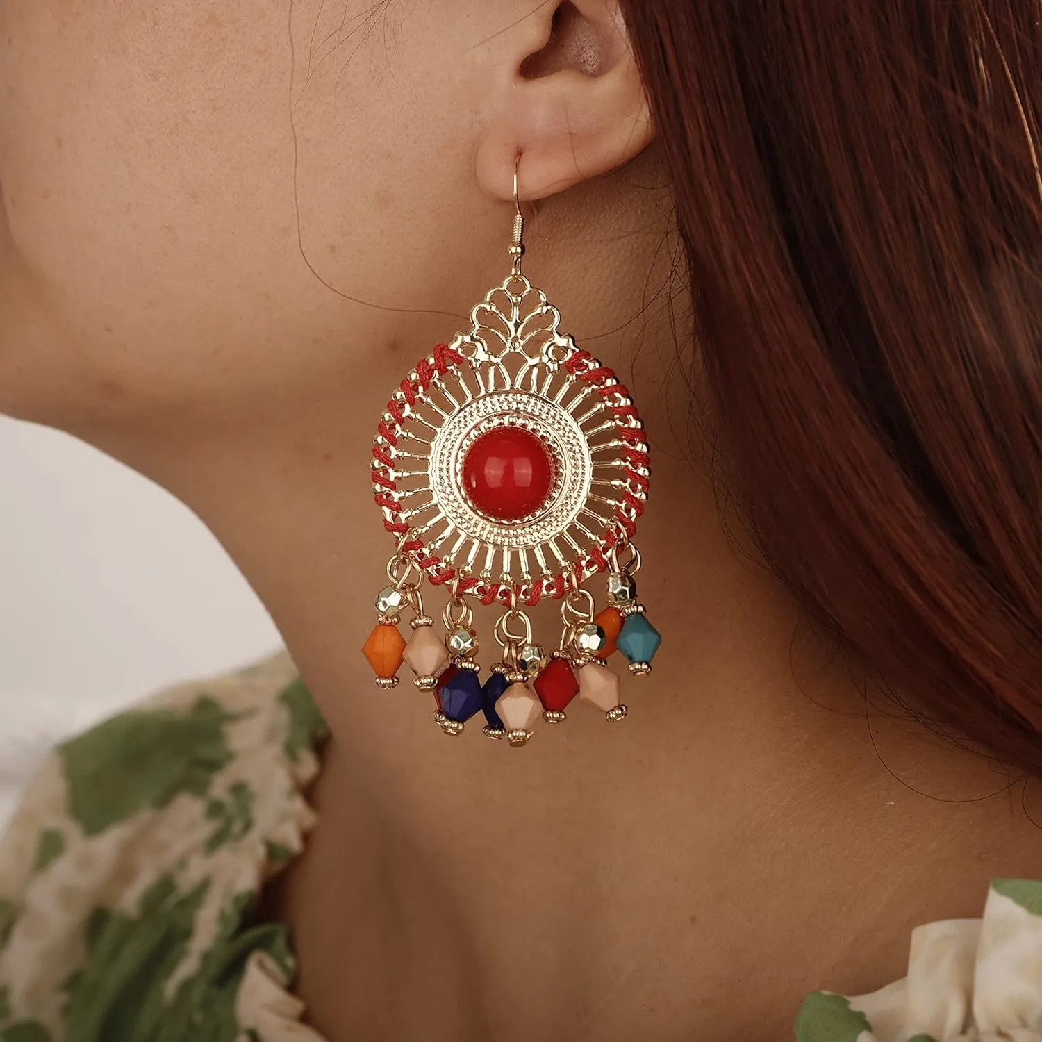 YERTTER Bohemian Gold Circle Rice Beads Tassel Dangle Earrings Hollow Vintage Hoop Earring Vintage Hook Earrings Ethnic Style Accessories Party for Women