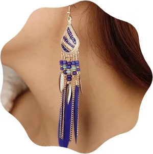 YERTTER Bohemian Gold Colorful Long Feather Tassel Earrings Beads Dangle Drop Vintage Fringe Fake Feather Statement Earrings Gift for Women Girls