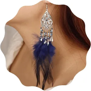 YERTTER Bohemian Silver Mixcolor Long Feather Tassel Earrings Indian Beads Dangle Drop Vintage Fringe Fake Feather Statement Earrings Gift for Women