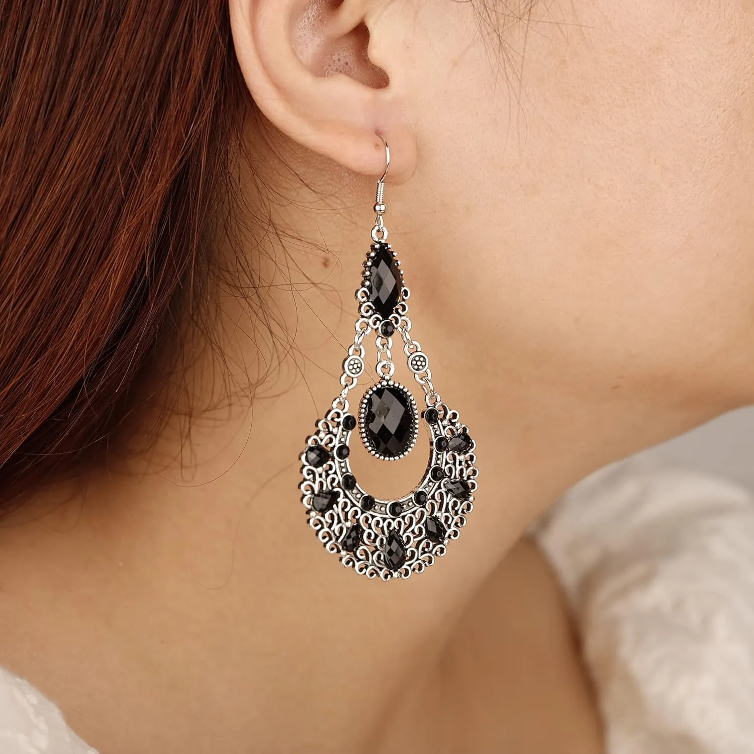 YERTTER Vintage Silver Gold Chandeliers Drop Tassel Dangle Earrings Studs Hollow Bohemian Crystal Hoop Earring Hook Earrings Ethnic Style Statement Ear Accessories Party for Women Girls
