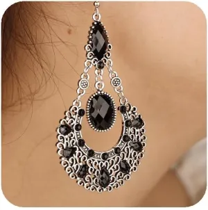 YERTTER Vintage Silver Gold Chandeliers Drop Tassel Dangle Earrings Studs Hollow Bohemian Crystal Hoop Earring Hook Earrings Ethnic Style Statement Ear Accessories Party for Women Girls