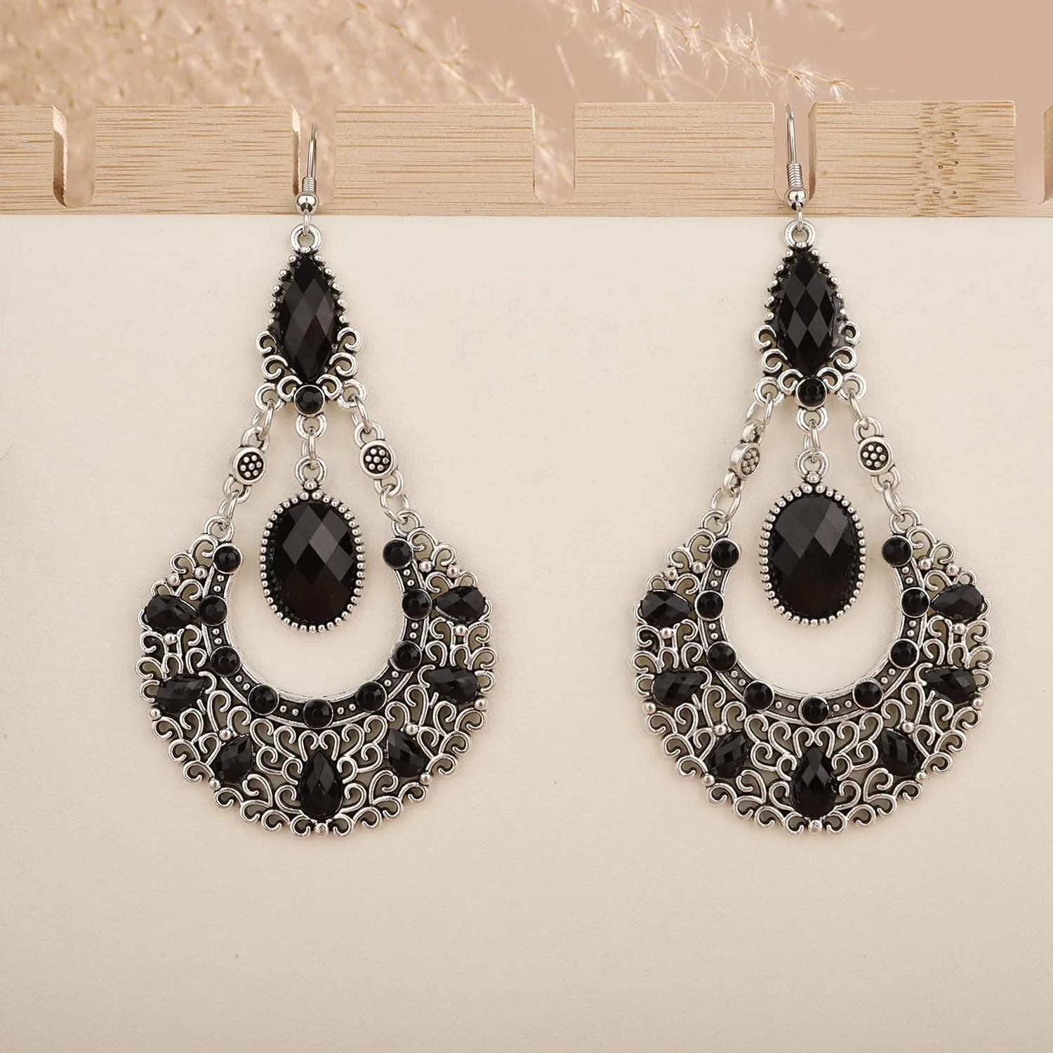 YERTTER Vintage Silver Gold Chandeliers Drop Tassel Dangle Earrings Studs Hollow Bohemian Crystal Hoop Earring Hook Earrings Ethnic Style Statement Ear Accessories Party for Women Girls