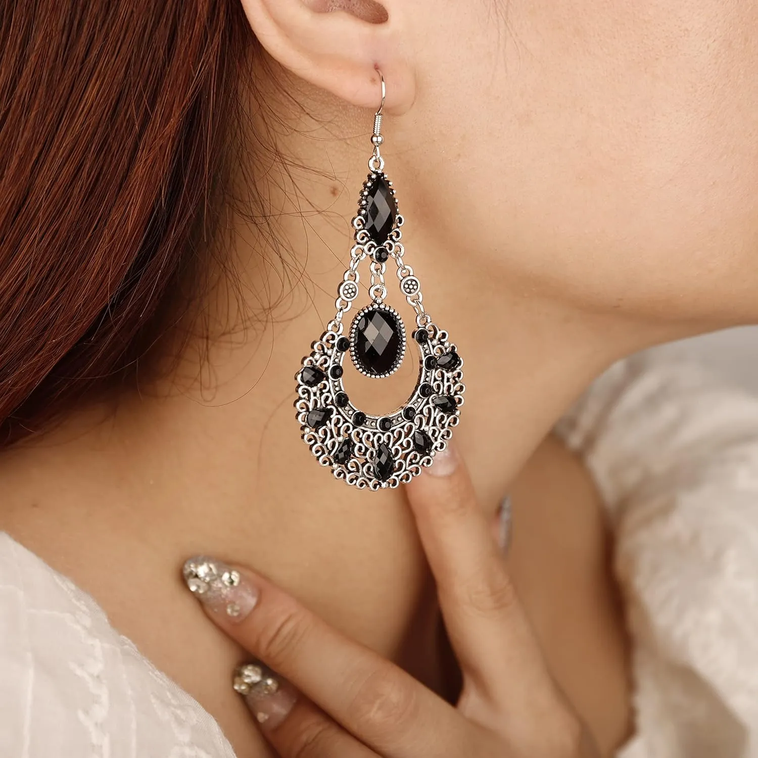 YERTTER Vintage Silver Gold Chandeliers Drop Tassel Dangle Earrings Studs Hollow Bohemian Crystal Hoop Earring Hook Earrings Ethnic Style Statement Ear Accessories Party for Women Girls