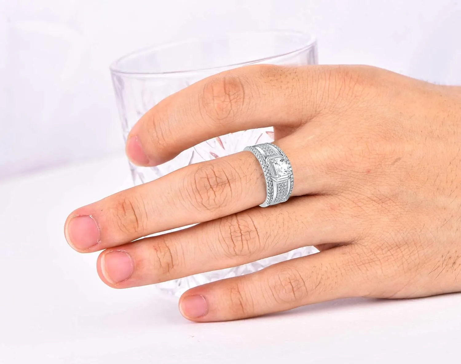 YL Men's Wedding Band Engagement Ring 925 Sterling Silver with 6X6mm AAA Cubic Zirconia Ring Anniversary Jewelry