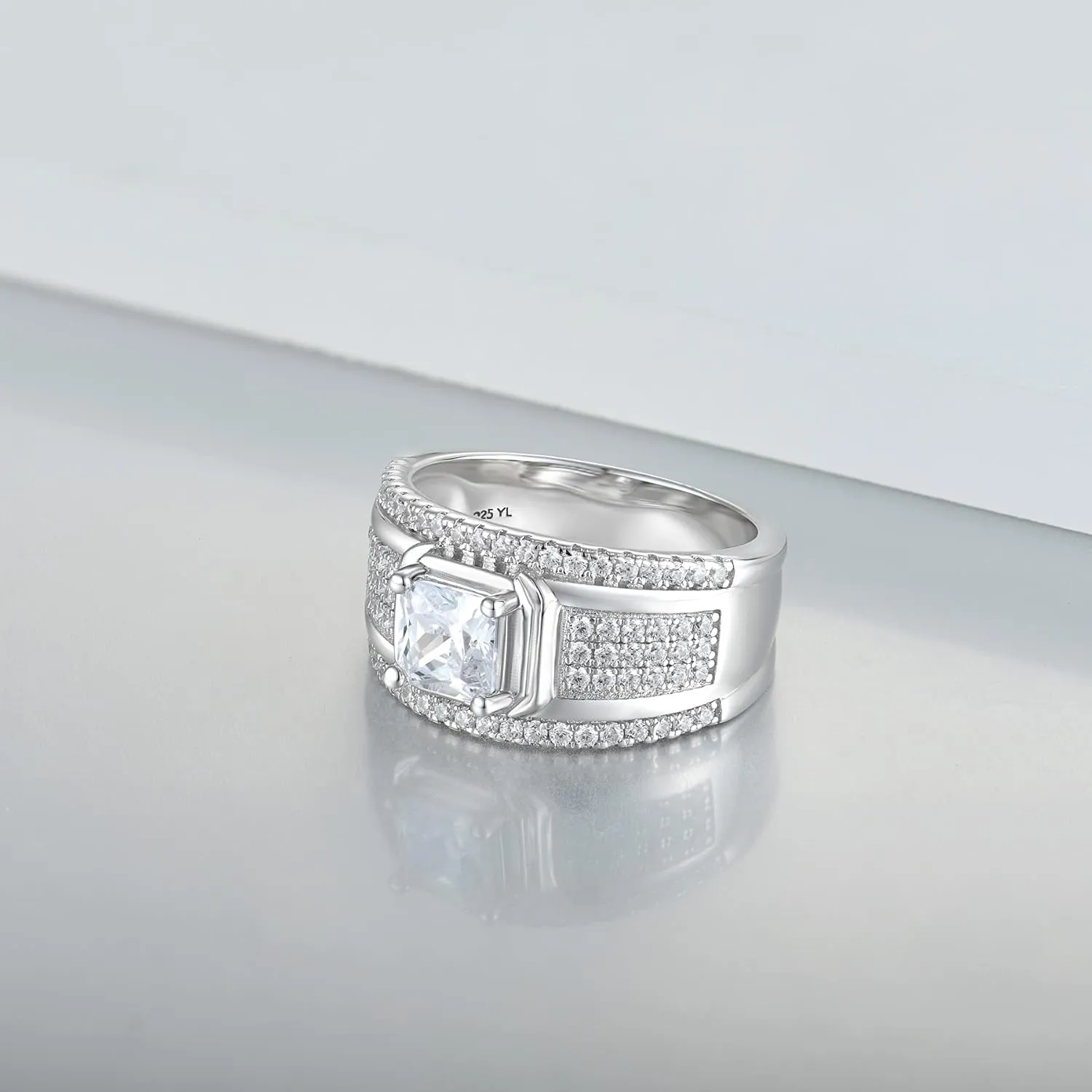 YL Men's Wedding Band Engagement Ring 925 Sterling Silver with 6X6mm AAA Cubic Zirconia Ring Anniversary Jewelry