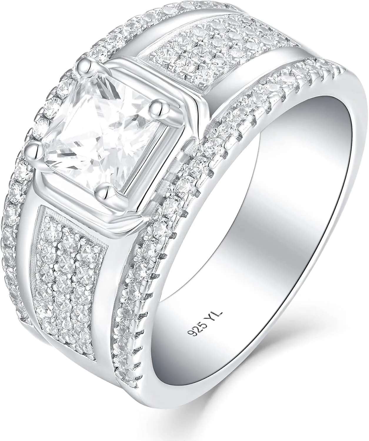 YL Men's Wedding Band Engagement Ring 925 Sterling Silver with 6X6mm AAA Cubic Zirconia Ring Anniversary Jewelry
