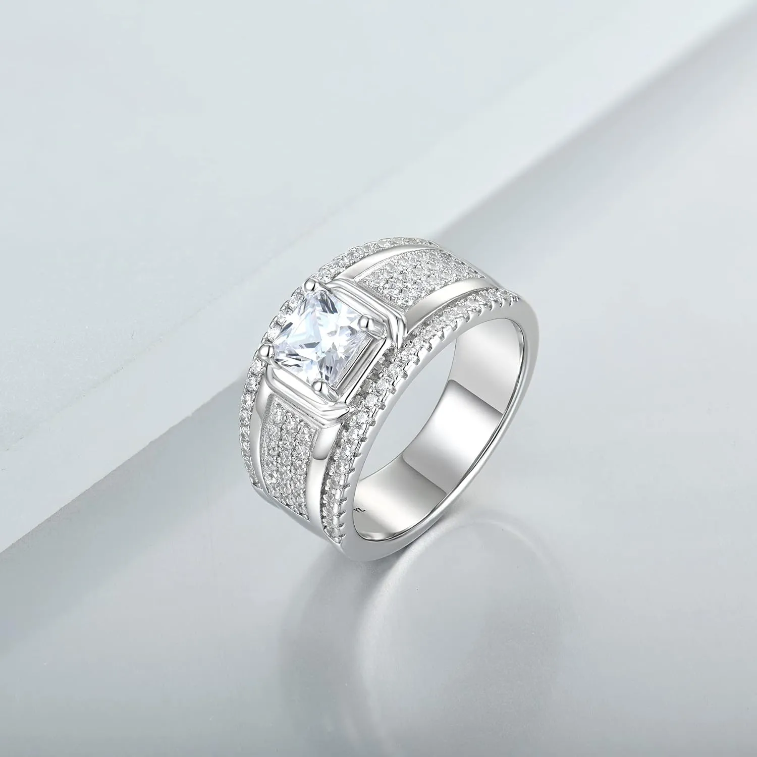 YL Men's Wedding Band Engagement Ring 925 Sterling Silver with 6X6mm AAA Cubic Zirconia Ring Anniversary Jewelry