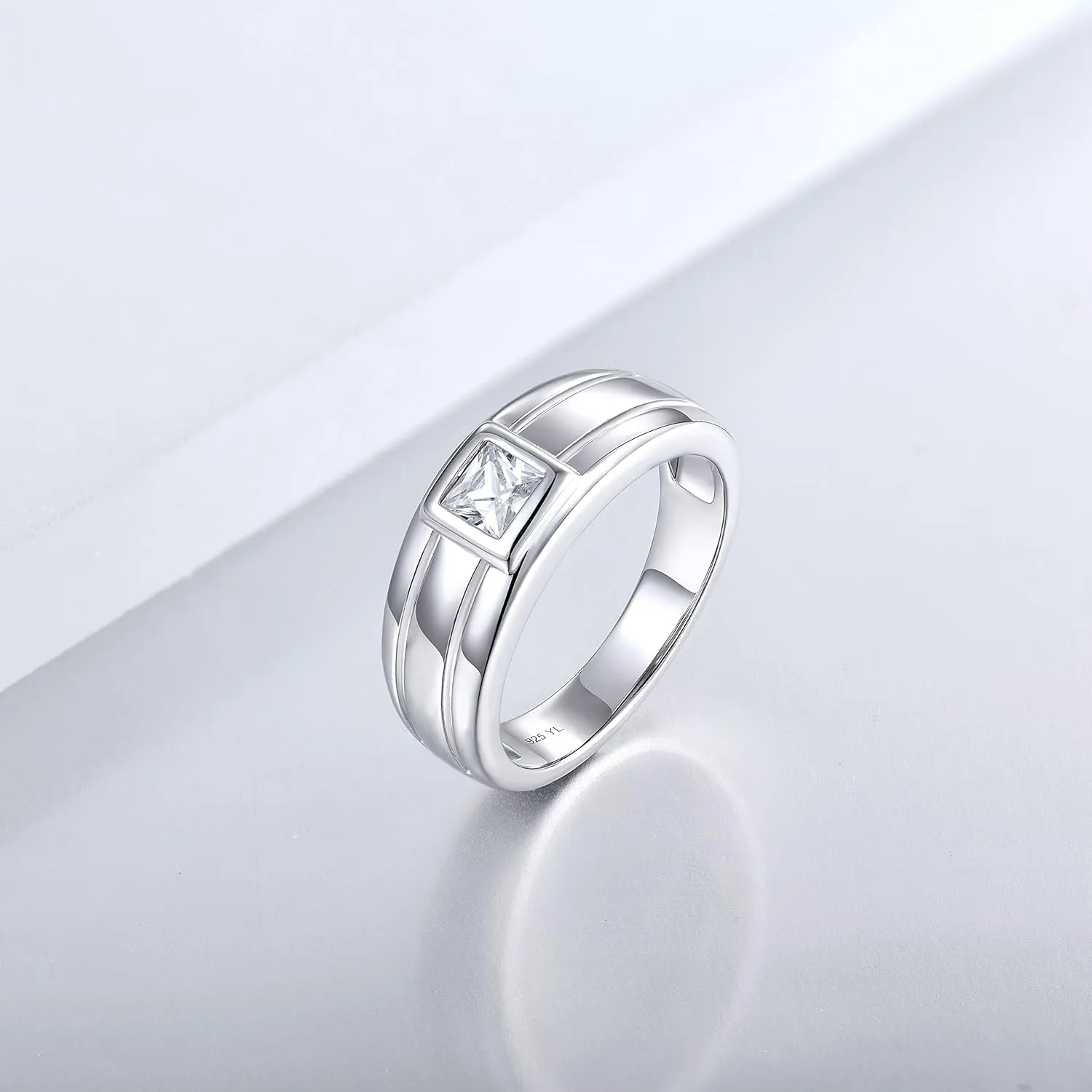 YL Men's Wedding Band Ring 925 Sterling Silver with 4X4mm AAA Cubic Zirconia Engagement Ring Anniversary Jewelry