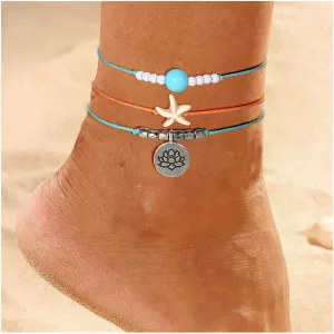 Yokawe Boho Layered Ankle Bracelets Blue Beaded Anklet Set Starfish Barefoot Sandals Foot Jewelry for Women and Teen Girls (3PCS)