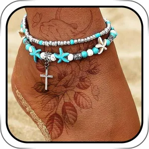 Yokawe Boho Layered Beaded Anklet Bracelets Silver Cross turquoise Anklet Summer Beach Starfish Barefoot Sandals Foot Jewelry for Women and Teen Girls(cross)