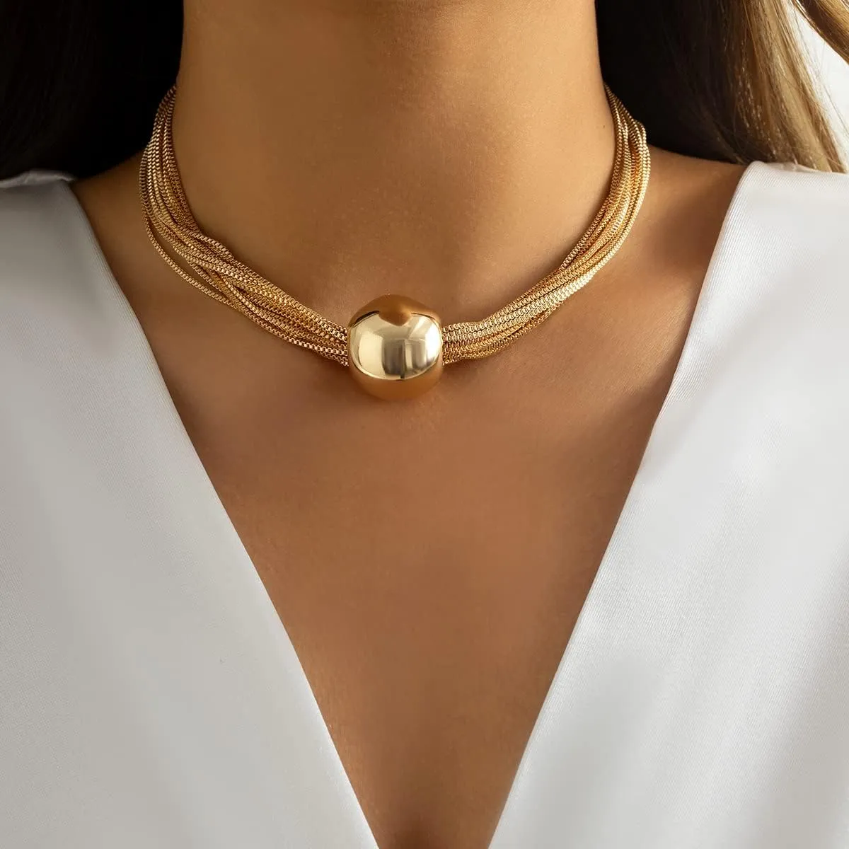 YOOESTORES82 14k Gold Chunky Bead Choker Adjustable Necklace for Women,Trendy Bohemia Chains Choker Statement Necklace Jewelry for Gifts Prom Party