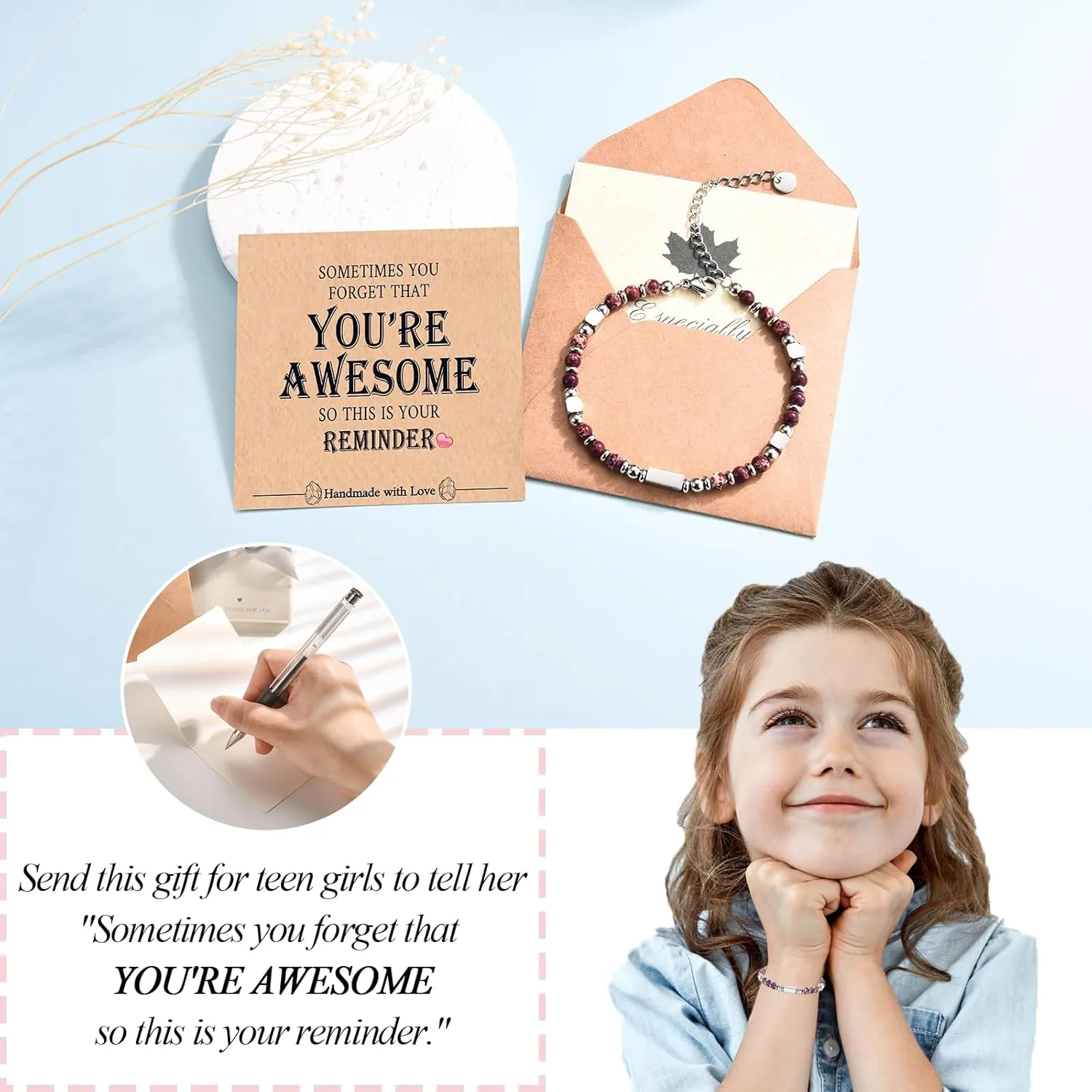 YOU ARE AWESOME Gifts for Teen Girls Women, Tiny Gemstone Beaded Bracelet Birthday Graduation Christmas Valentines Day Gifts for Girls Women Her Daughter Granddaughter Niece Mom Wife Friend